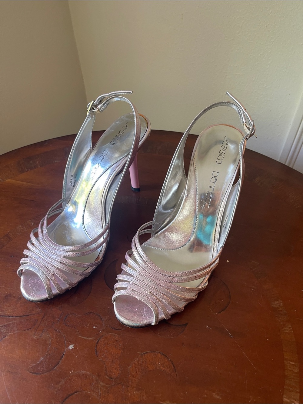 Jessica Bennett Pink Metallic Strappy Slingback Heels